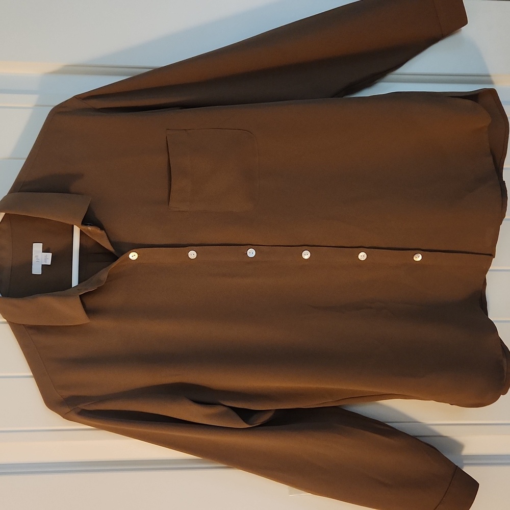 J. Jill Classic Coffee Mother Of Pearl Button Down Blouse Size S
